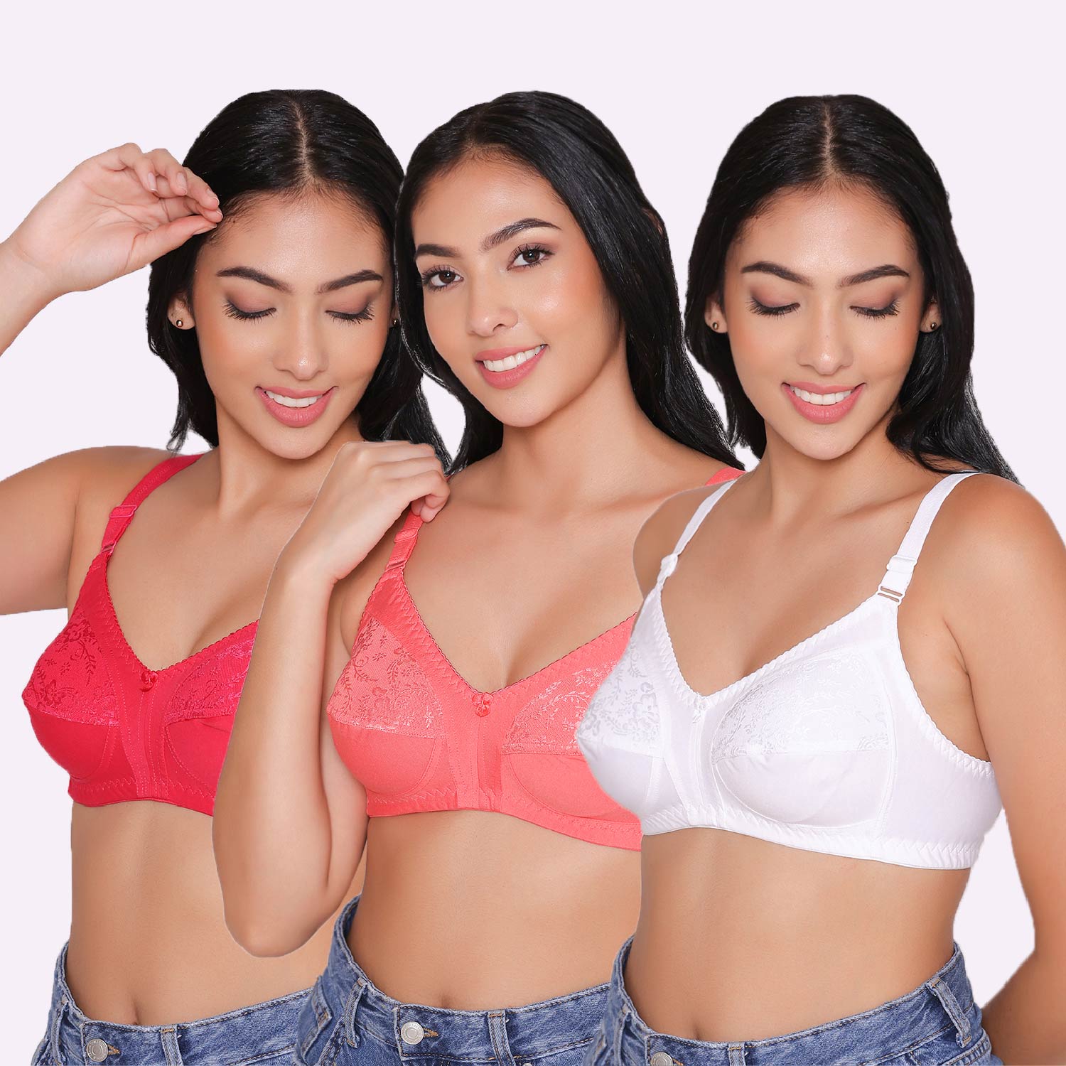 Buy Featherline Women Multicolor Embroidered Pure Cotton Pack of 3  Minimizer Bra ( 32C ), Embroidered, Full Coverage, Non Padded, Pure Cotton, Everyday, White, Skin, Black, Minimizer Bra