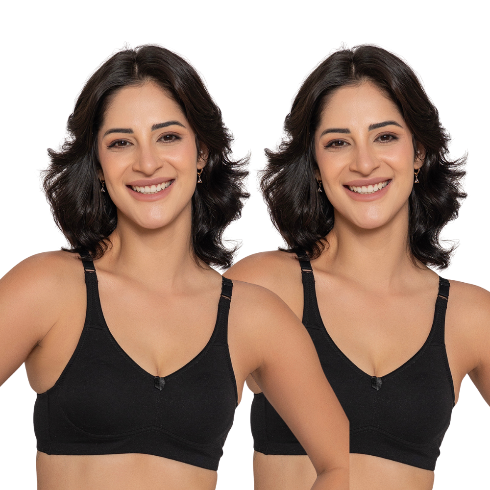 INKURV Seamless Non-Padded Bra for Women | Non-Wired Cotton Full Coverage T-Shirt Bra | Thin Adjustable Straps | Double Layered Cups | Anti Sag Lift Up Support | Luna Combo of 2