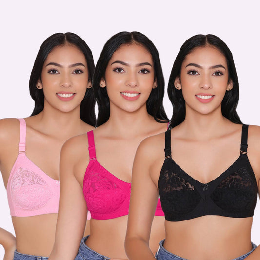 Women's Non Padded Full Coverage Net Bra (Pack of 3)-Thea INKURV | Bras and Active Wear